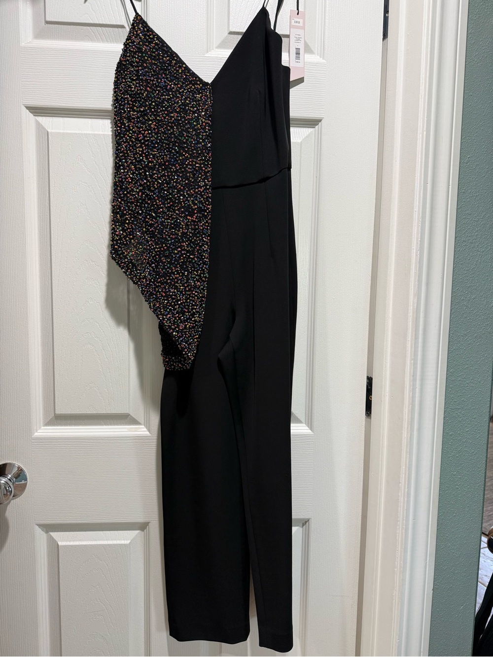 Black One-Shoulder Jumpsuit with Multicolor Beaded Draped Overlay